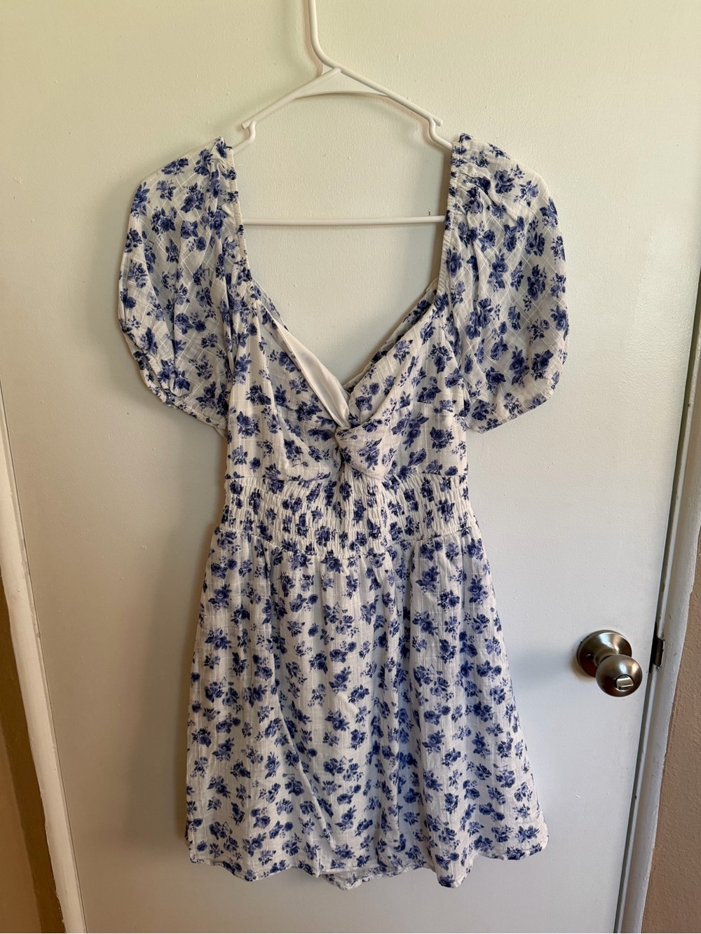 As U Wish White Mini Dress with Blue Floral Print and Tie Front